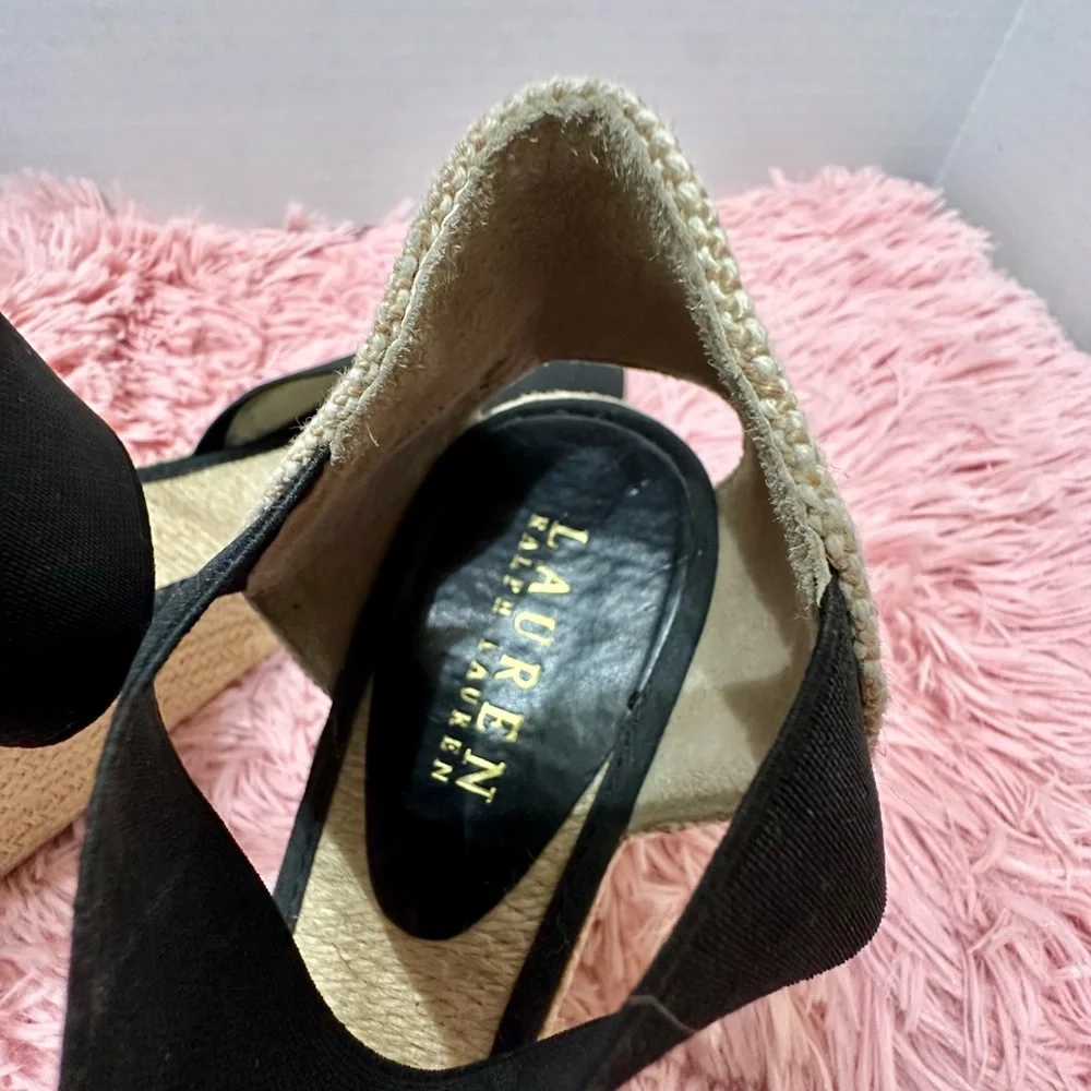 LAUREN Ralph Lauren Charla Espadrille Wedge Sandals Black & Tan‎ Womens Size 9B